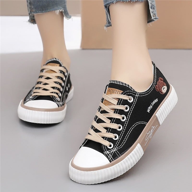 Women's Color-block Lace-up Canvas Shoes Cute Bear Pattern Flat Casual Shoes