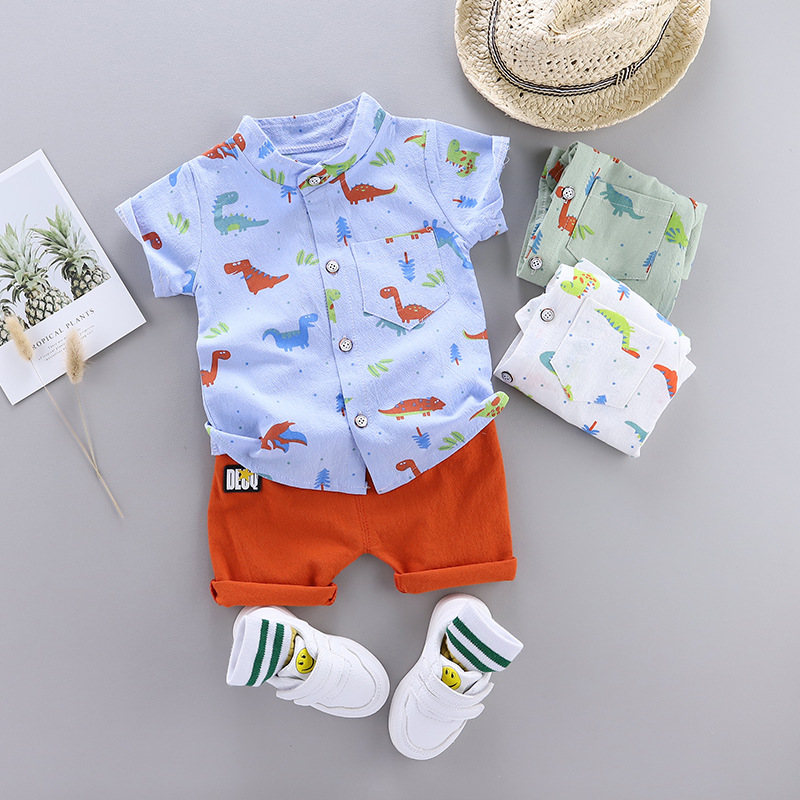 New Cartoon Dinosaur Print Short Sleeve Shirt Pants for Kid Baby Boys Clothes
