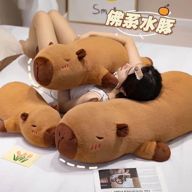 50cm-130cm Kawaii Cartoon Giant Strip Capybara Plush Doll Pillow Lying Brown Orange Wings Creative Capybara Plush Toy Home Decor