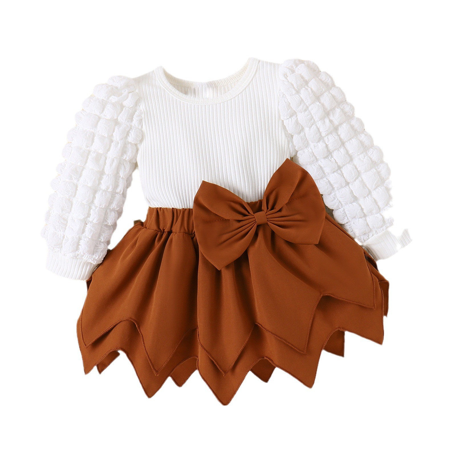 Children's Autumn and Winter Bubble Sleeve Pit Stripe Top Solid Bow Irregular Hemline Girls' Set