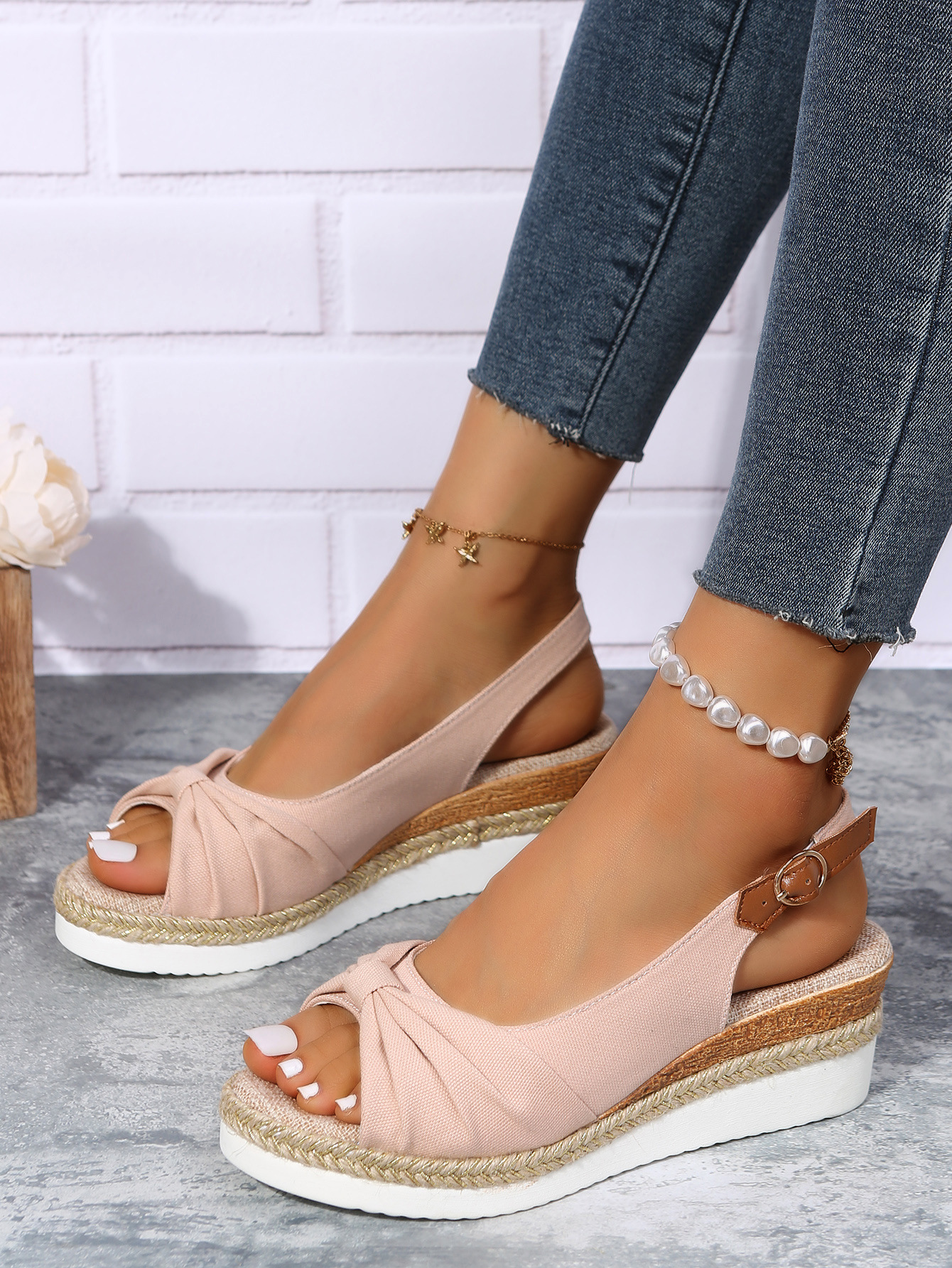New sandals large size hemp rope bow wedge casual sandals women's shoes