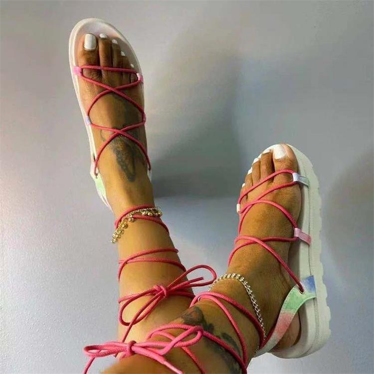 Women's shoes summer new bandage flat bottom net red ins tide solid color sponge cake thick bottom large size Roman shoes