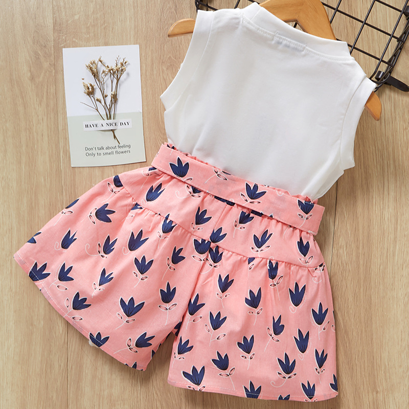 2Pcs Summer Clothes Bow Girls Clothing Sets Cartoon Print T-shirt+Short for Kids Clothes 3-7Y Sleeveless
