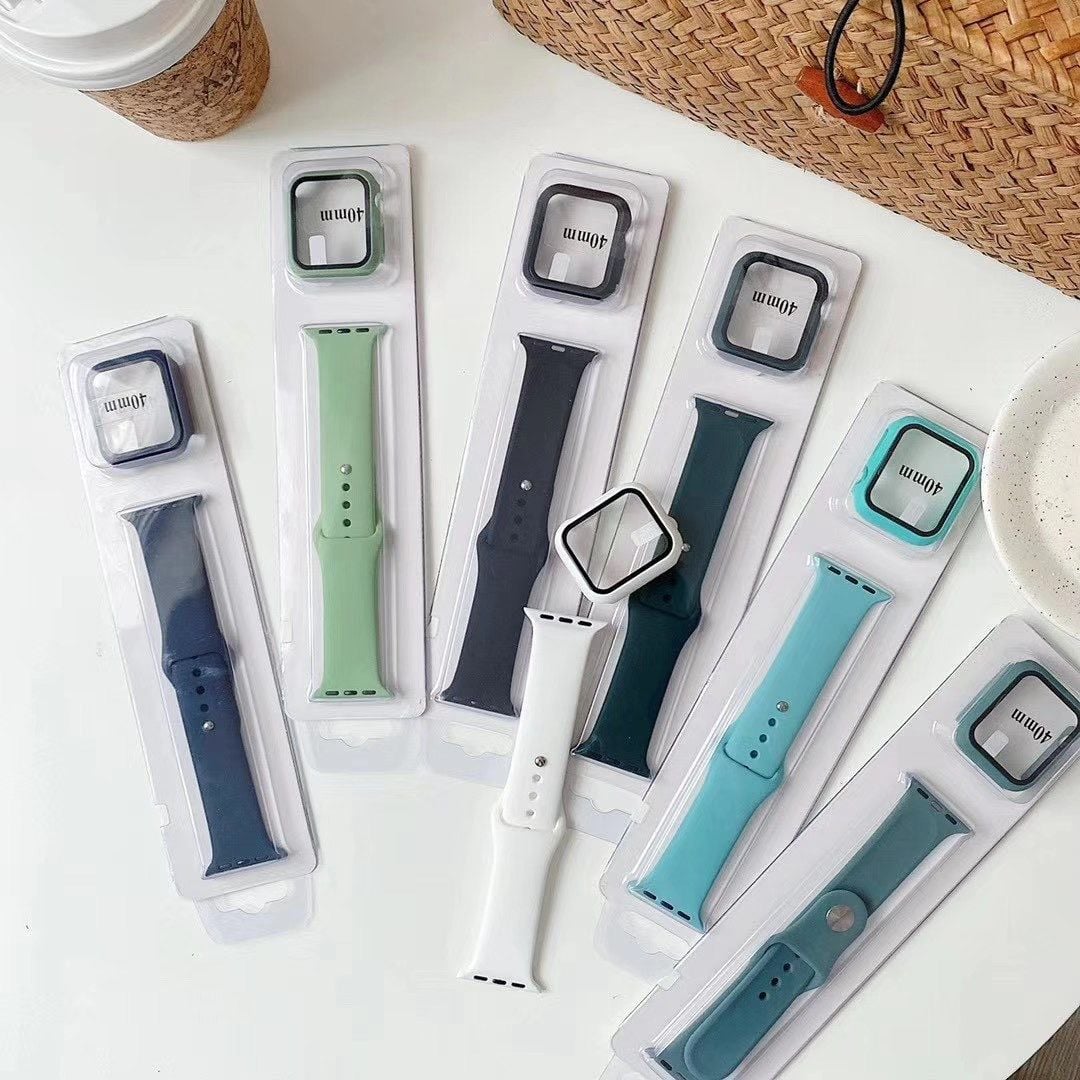Glass+Case+band For Apple Watch bands 44mm 40mm 45mm 41-38mm 42mm Silicone sport bracelet iWatch series10 8 9 7 6 5 4 3 SE strap