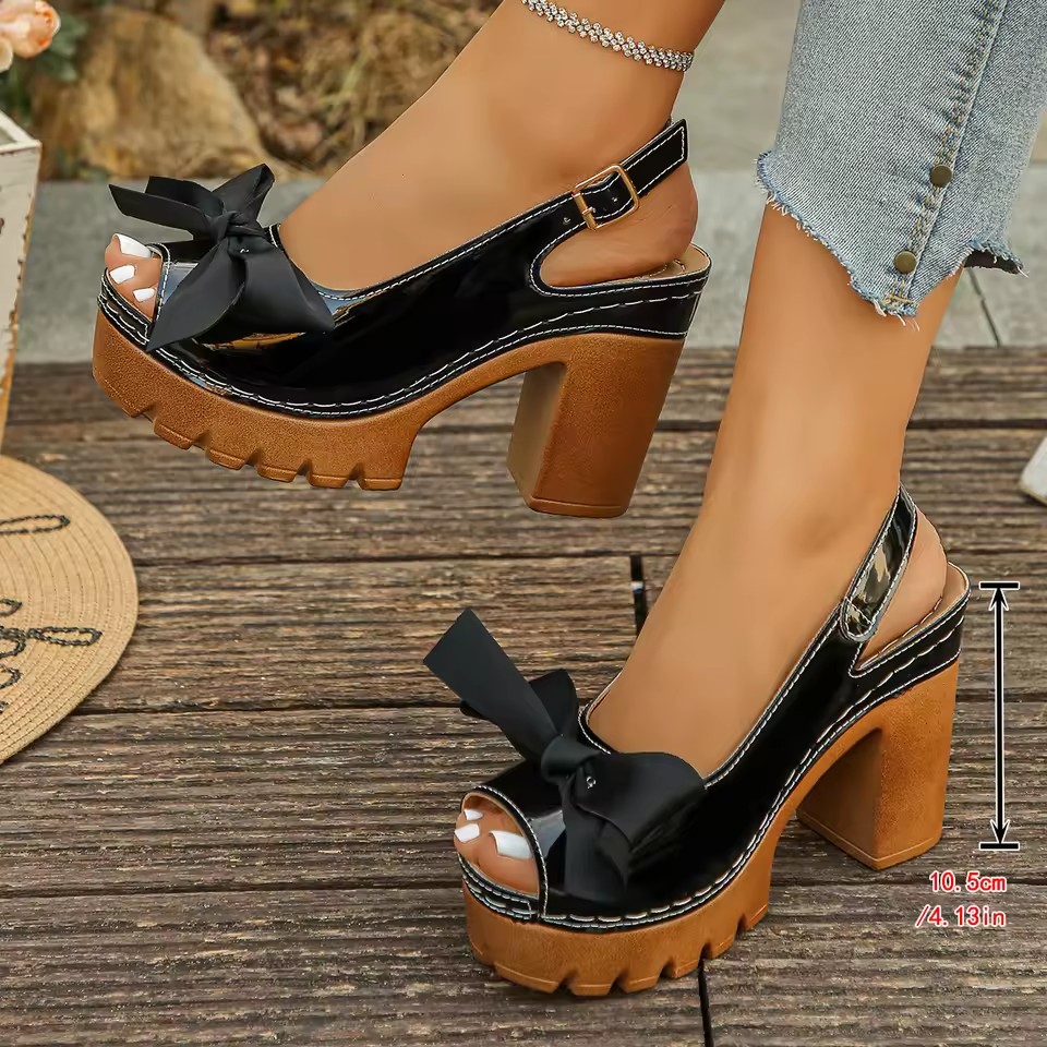 2026 Summer New Style Women's Round Toe Square Heel Casual Sandals Fashion/sexy Bow Decorated Solid Color High Heel Sandals