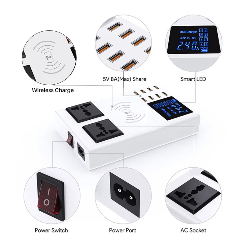 8 Ports QI wireless fast charger quick charge station led display mobile phone wall usb charger for iphone 6 7 8 7plus X xiaomi