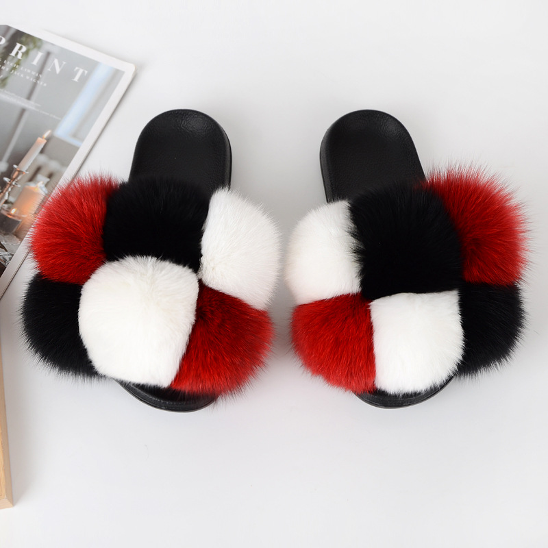 Fox Hair Slippers Women Fur Home Fluffy Sliders Plush Furry Summer Flats Sweet Ladies Shoes Large Size 45 Cute Pantufas