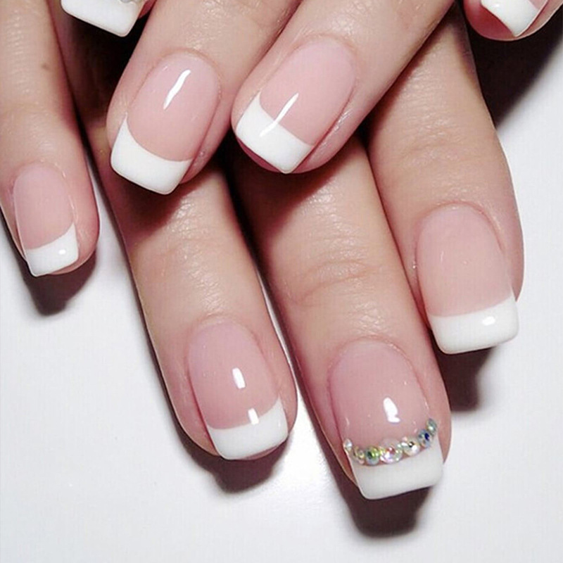 24Pcs/Set False Nail French Rhinestone Full Cover Fake Nails With Jelly Glue DIY Manicure Nail Art