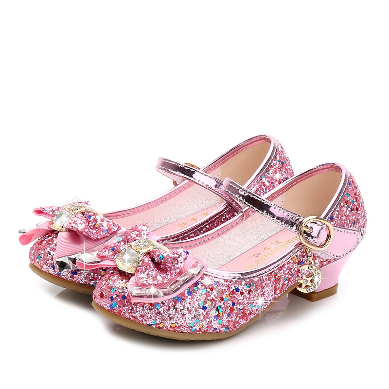 Princess Children's Leather Shoes Girls Flowers Casual Sequins Children's High Heels Girls' Shoes Bowknot Blue Pink Silver