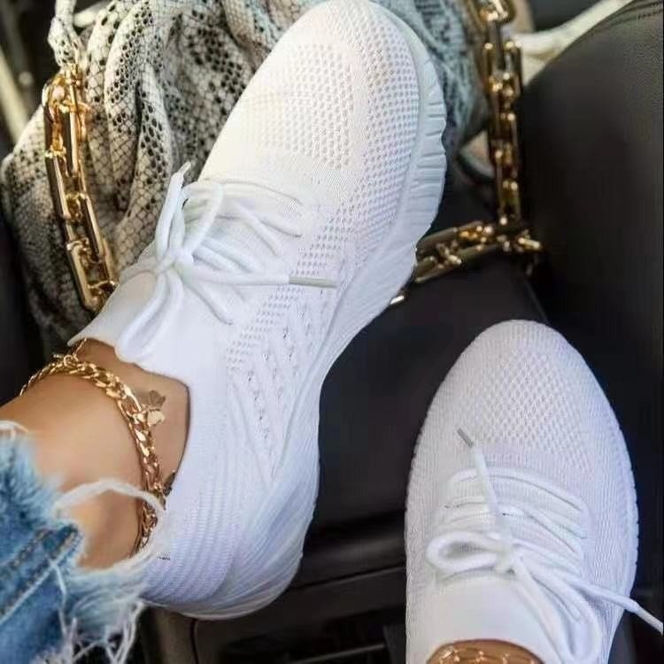 Women's summer new plus size casual single shoe thick sole solid color lace up fly woven flat shoe