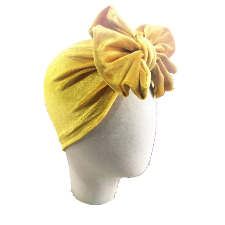 Gold Velvet Bow Indian Hat Bandanas Baby Girls Kids Turban Headband Hair Head Bands Wrap Accessories For Children Cap Headwrap