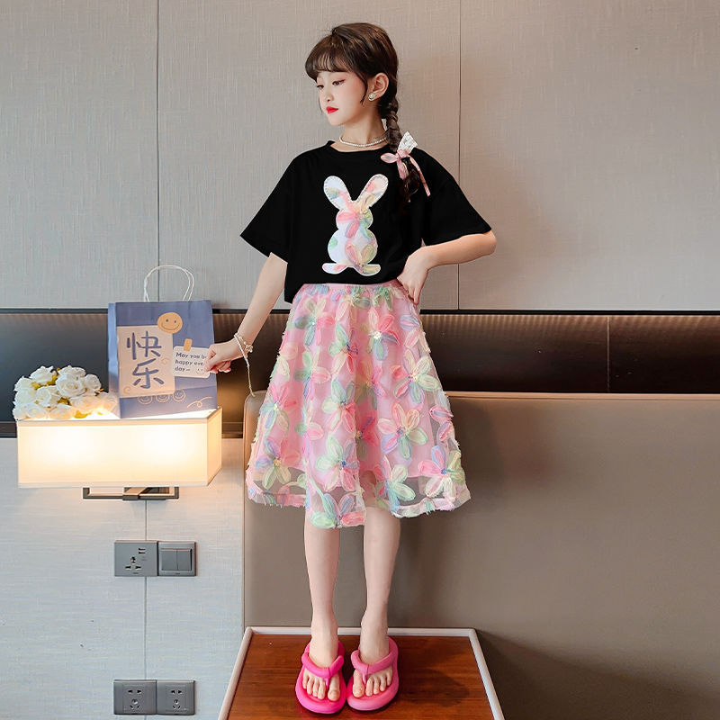 Girls' fashionable short sleeved fried street embroidered skirt set, summer girls' two-piece clothing set
