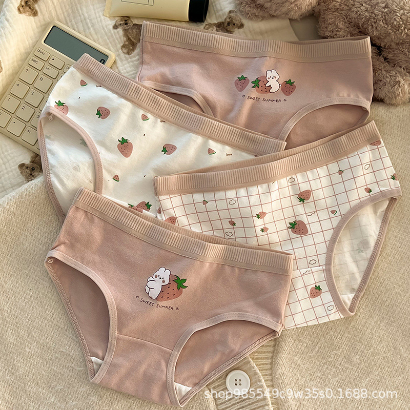 5PCS Kids Girls Cotton Soft Antibacterial Briefs Baby Cute Strawberry Print Panties 2+y Young Children Thin Breathable Underwea
