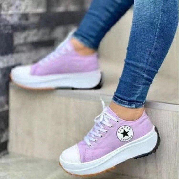 Women's casual single shoes large thick sole solid color lace up canvas shoes women