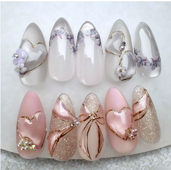 24PCS Fake Nails With Double-sided glue Almond Shape Color Wave Detachable French Stick on Nails Coffin Flame Press on Nails Art
