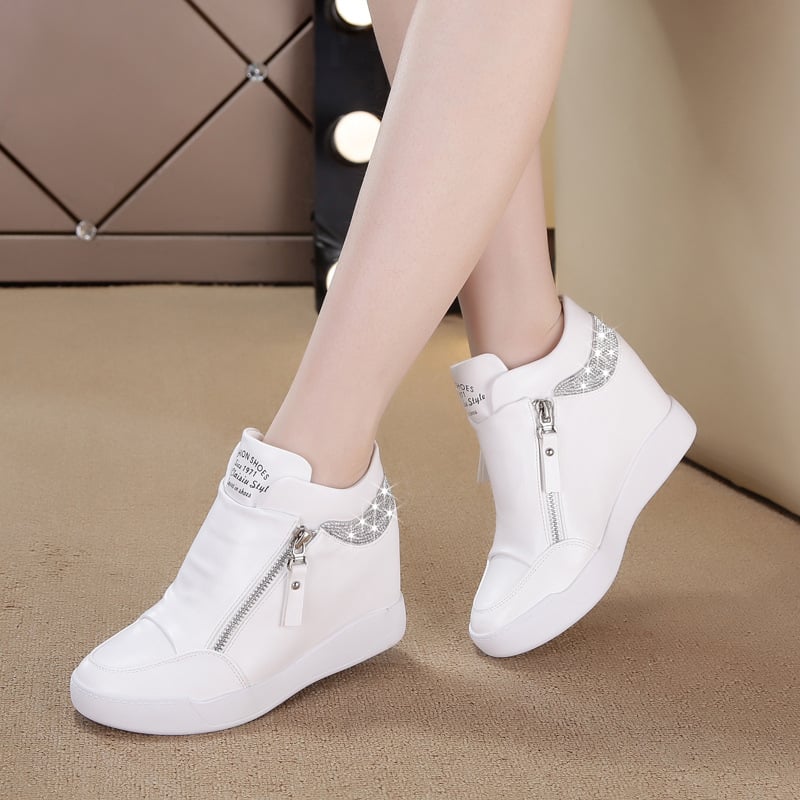 Rhinestone Internal Increased High-top Shoes Trifle Single Shoes Double Zipper Student Travel Sports Casual Shoes Women