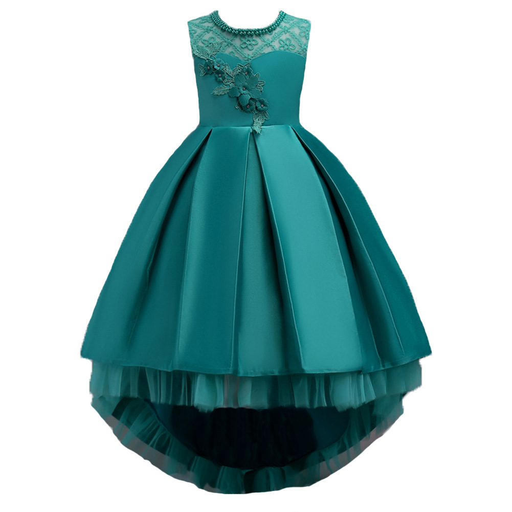 Hot Selling Cotton Mini Satin Fabric Girls Trailing Lace Dress Flower Kids Dresses for Girls Banquet Show Dress for Summer