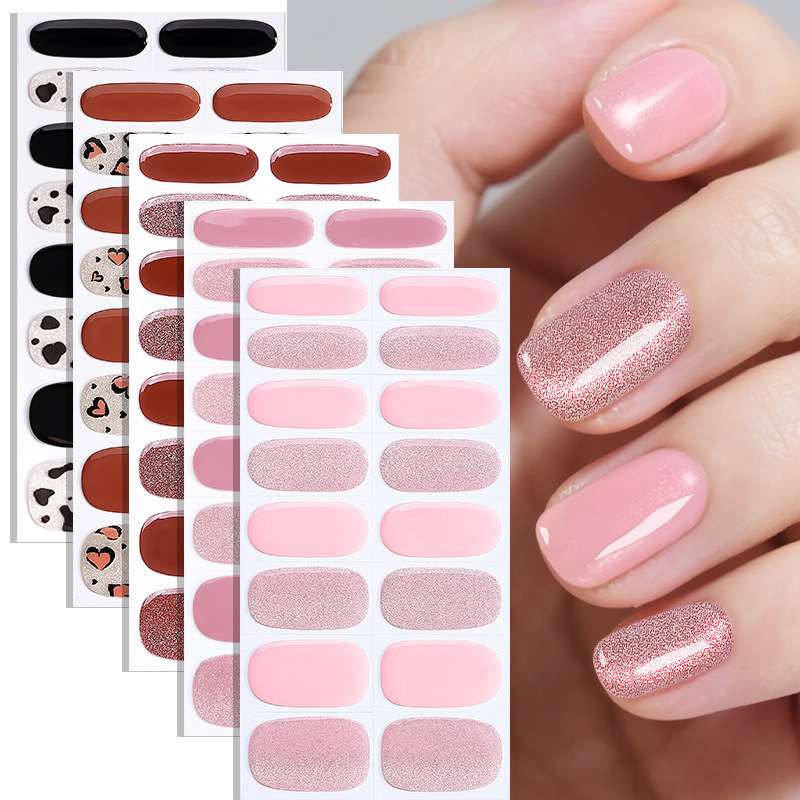16Tips French Stripe Gel Nail Strips Full Cover Shining Polka Dot Baking-Free Gel Nail Stickers DIY Manicure Decoration