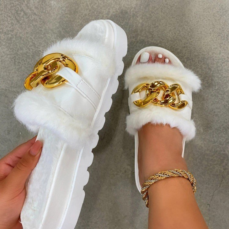 2023 Winter Plush Slippers Fashion Open Toe Solid Color Women's Sandals Metal Chain Outdoor Casual Women's Shoes Fashion Shoes