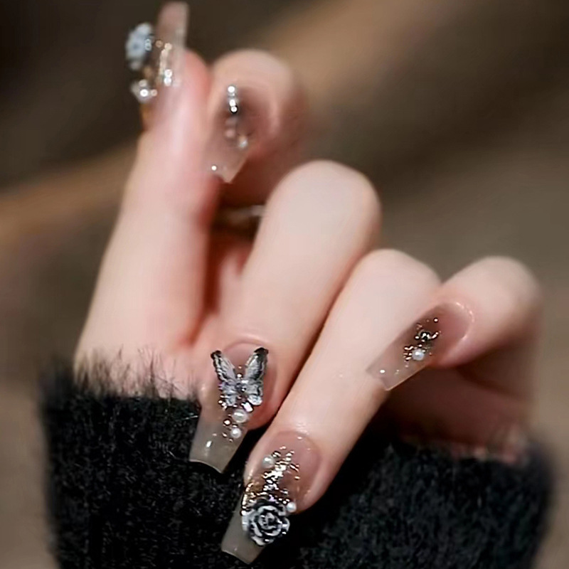24pcs/Box Detachable Rose Red Woods Pattern Ballerina False Nails Wearable Middle Coffin Fake Nails Full Cover Nail Tips