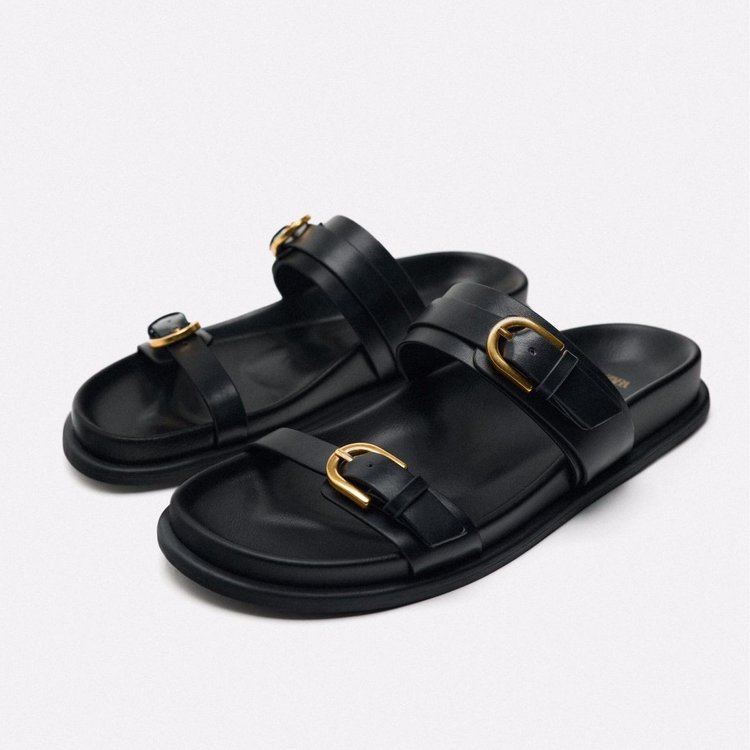 2025 Brown Metal Buckle Flat SlipperWomen Round Head Open Toe Flatfrom Slppers