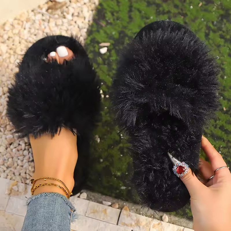 1PairNew Autumn Winter Women Fashion Faux Fur Slippers Solid ColorComfort Indoor Home Slippers WomanLightweight WarmFluffySlides
