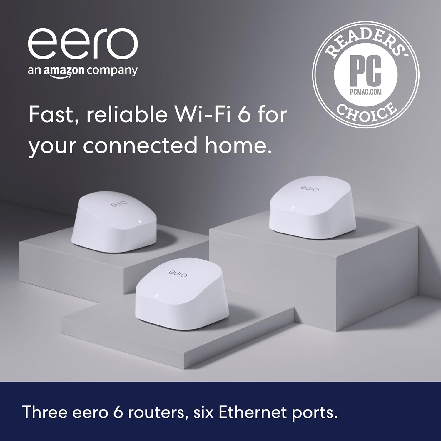 Amazon eero 6 mesh wifi system - Supports speeds up to 900 mbps, Coverage up to 4,500 sq. ft., Connect 75+ Devices, 3-pack (3 routers)