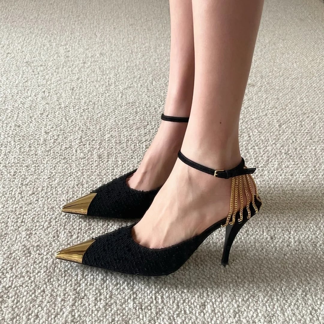2023 Black sexy party Wedding High Heels Women Sandals Summer shoes Multi-purpose buckle pointed iron head woven fine heel