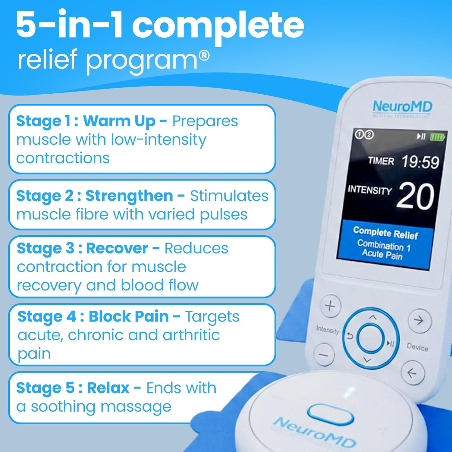 NeuroMD Wireless TENS Unit Muscle Stimulator(2.0) for Pain Relief |1 TENS Machine with Electrode Pads | 5-Step Complete Relief Program with EMS Techno