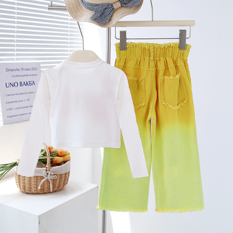 Girls' spring and autumn suits, children's long-sleeved ripped jeans, two-piece set, medium and large children's girls' suits