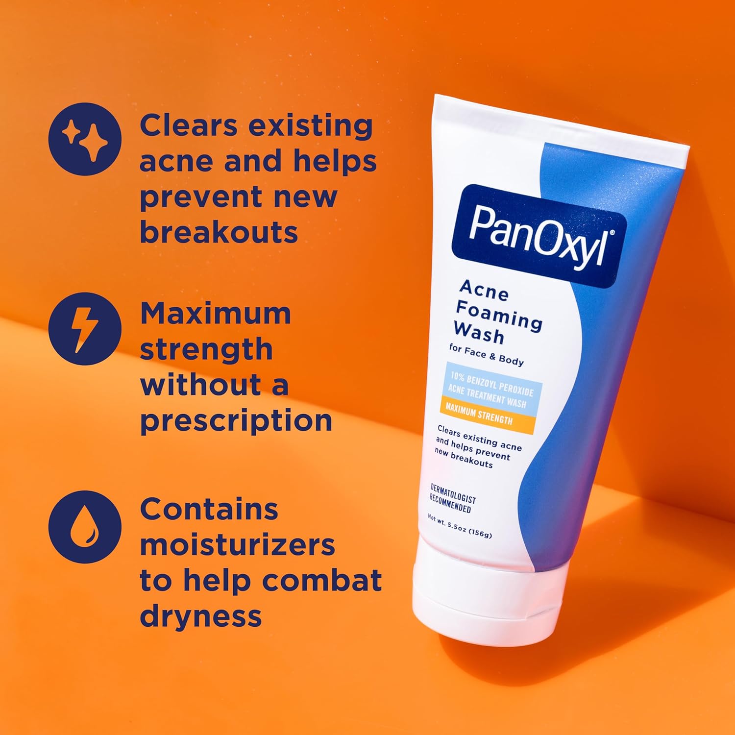 PanOxyl 10% Benzoyl Peroxide Acne Foaming Wash, Maximum Strength, Daily Acne-Fighting Face & Body Cleanser, Face Wash to Clear, Treat and Prevent Acne
