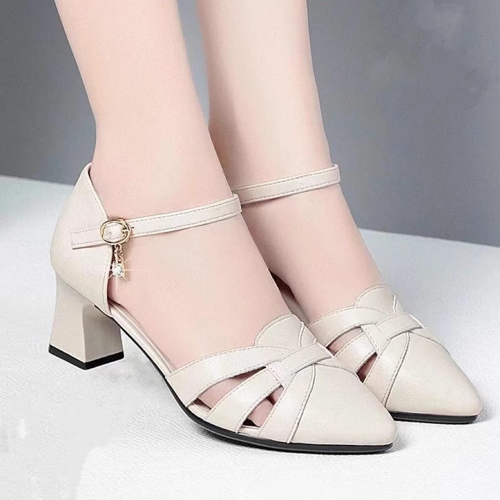 Women Fashion Black Hollow Out Buckle Strap Square Heel Shoes Lady Casual Elegant Eeige Shoes For Office