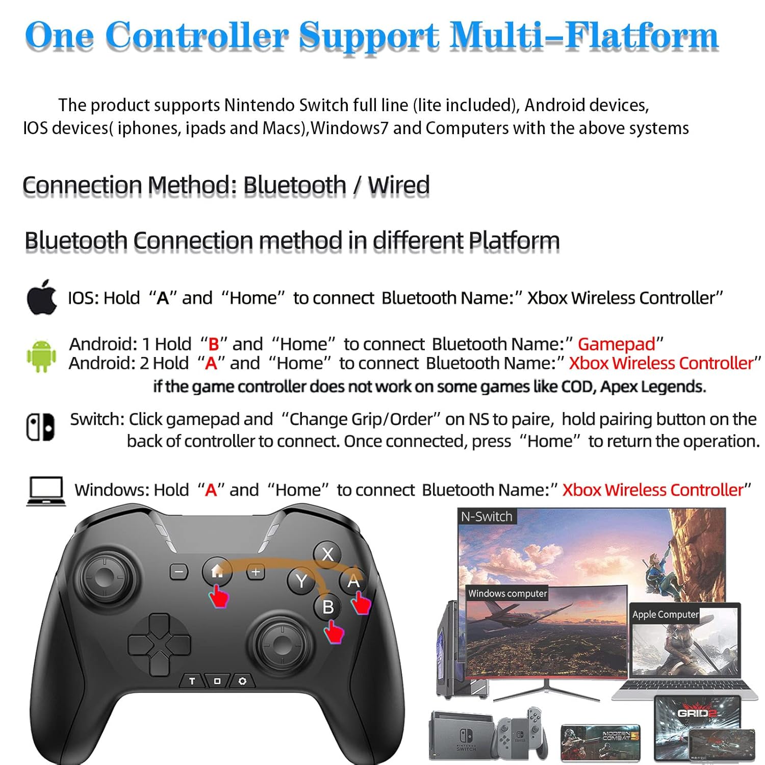 Bluetooth Controller for Switch/Mac/PC/Steam/Mobile Phone/iOS/Android//TV/iPad/Table/Apple Arcade MFi Games, switch pro controller wireless with Adjus