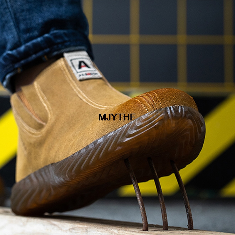 Men Soft Bottom Work Shoes Chelsea Boots Steel Toe Work Safety Boots Cowhide Welder Shoes Men Boots