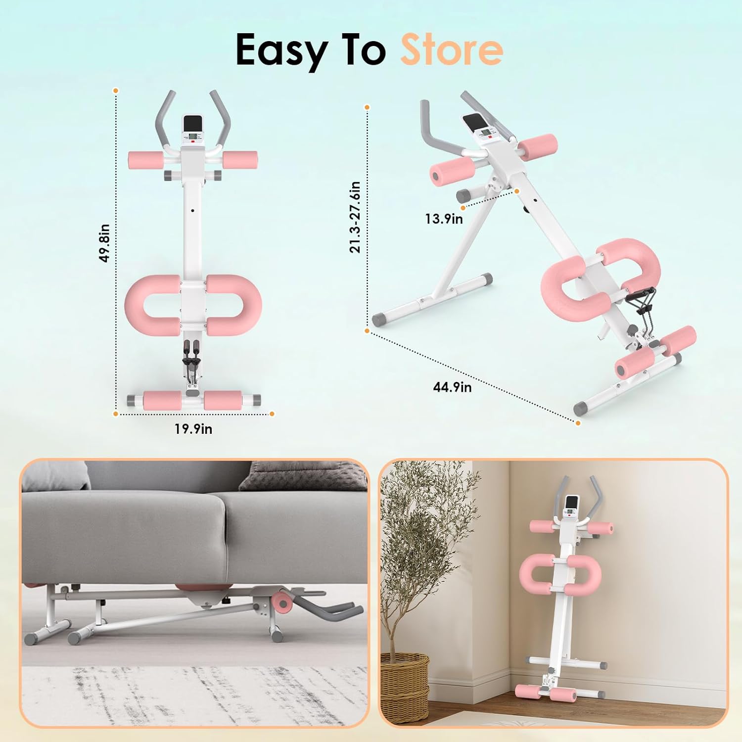 Foldable Ab Machine, 5-in-1 Adjustable Ab Trainer for Home Gym, Full-Body Core Workout Equipment with 10 Length Levels, LED Display & Silent Rollers,