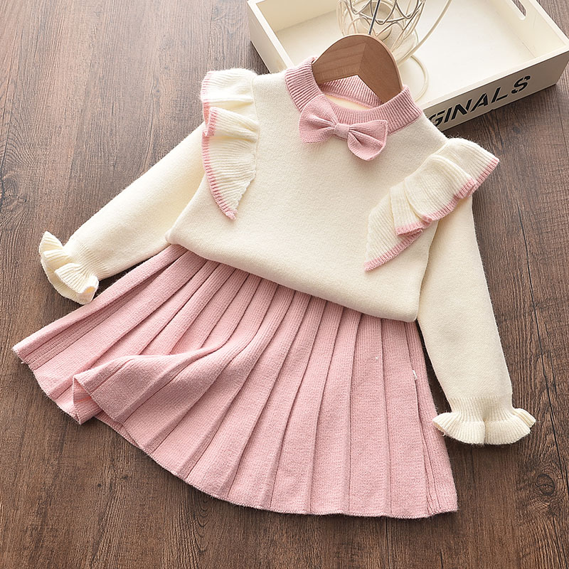 2025 autumn and winter new cute sweet girl bow knitted pullover wool half-length pleated skirt two-piece suit