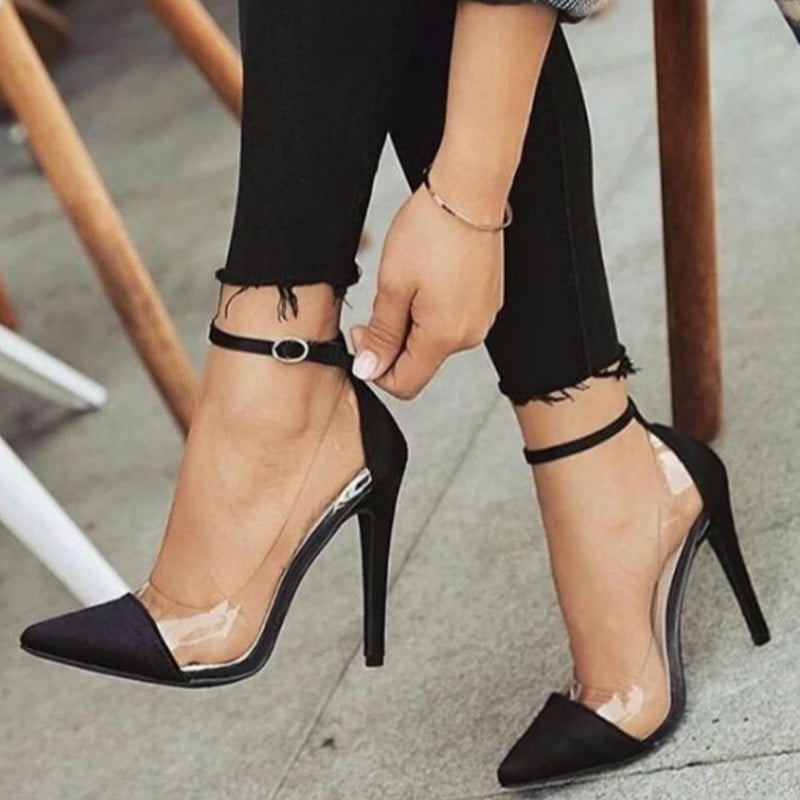 2023 European and American new style high heels pointed toe color matching belt buckle fashion ladies single shoes