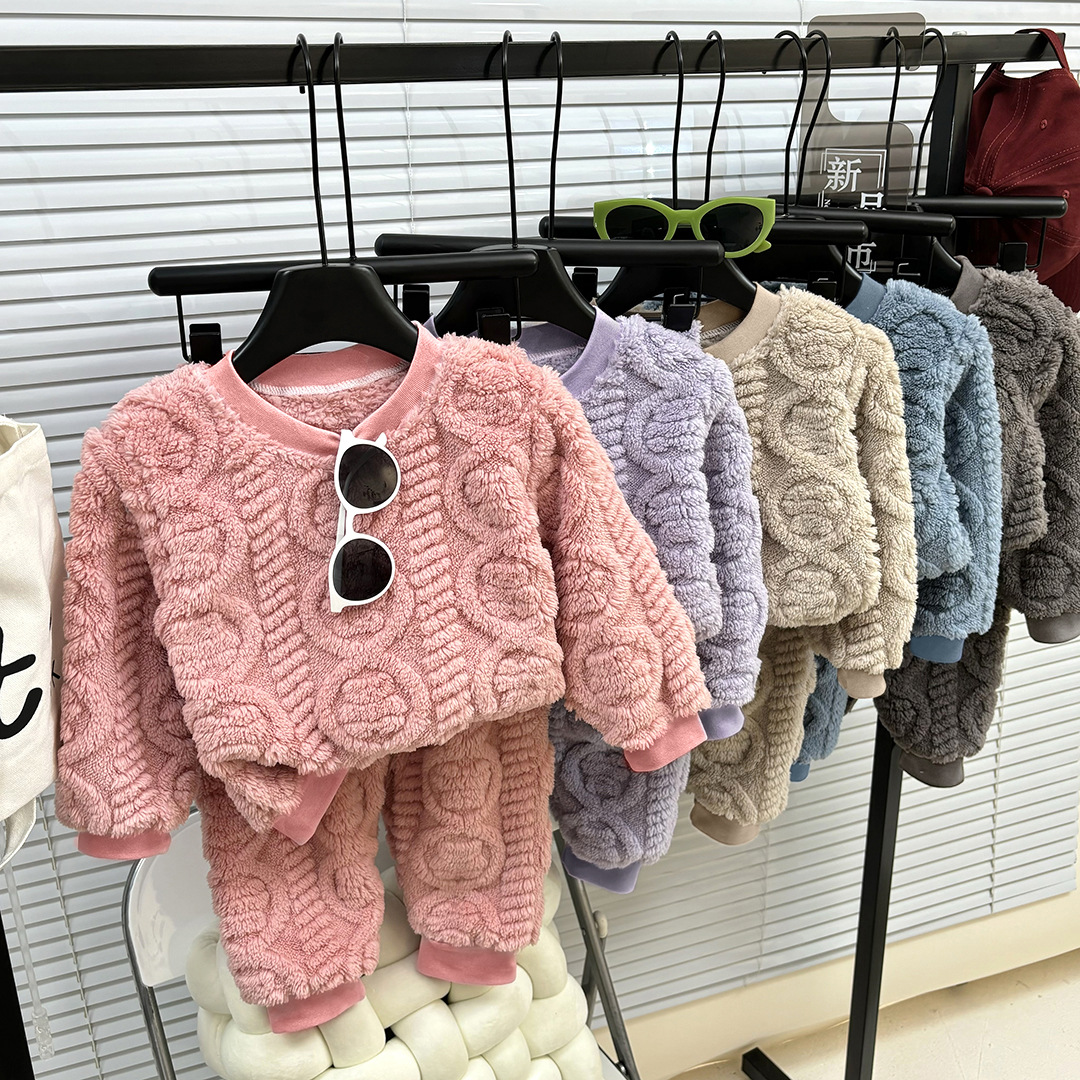 1pc Children's Autumn/Winter French Pajama Set Korean Edition Boys' Velvet Thick Home Clothes Girls' Warm Underwear Set