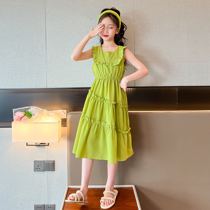 Children's and Girls' Summer Dress New Korean Version Fashionable Skirt: Big Children's Summer Over Knee Long Dress