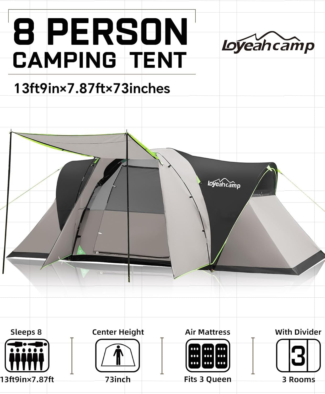 LOYEAHCAMP 8 Person Larger Extended Dome Camping Tent with 3 Rooms, Waterproof Semi-Freestanding Family Outdoor Tent with Spacious Interior and Mesh W