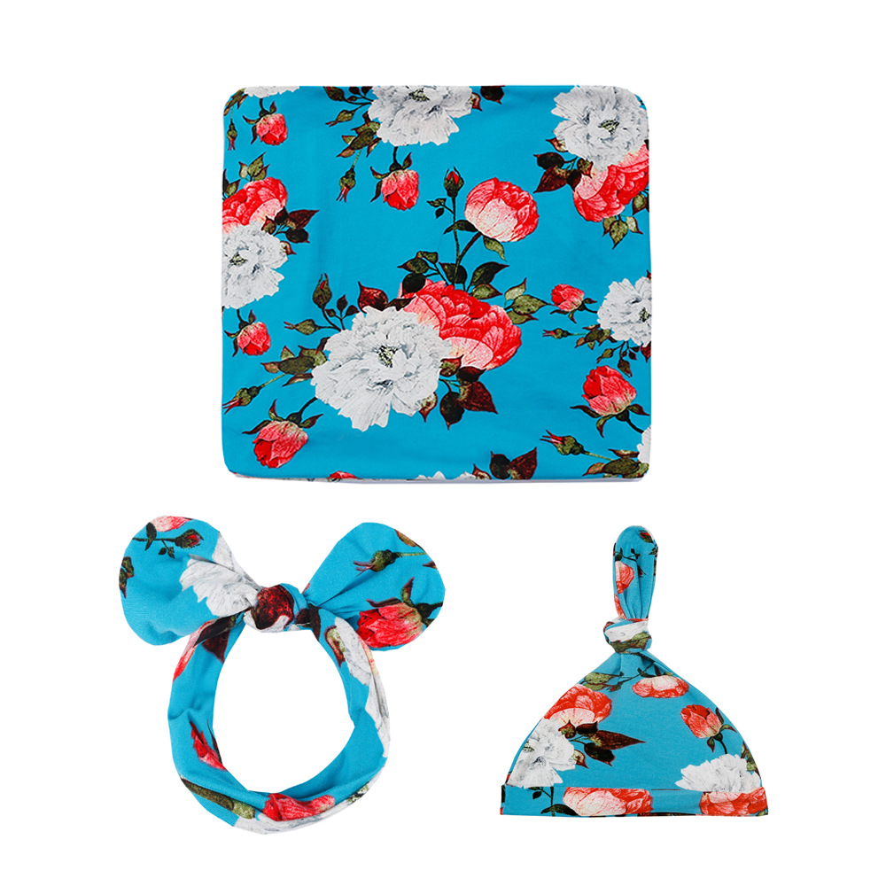 Newborn Printed Wrap Scarf Tire Cap and Headband Three-Piece Set