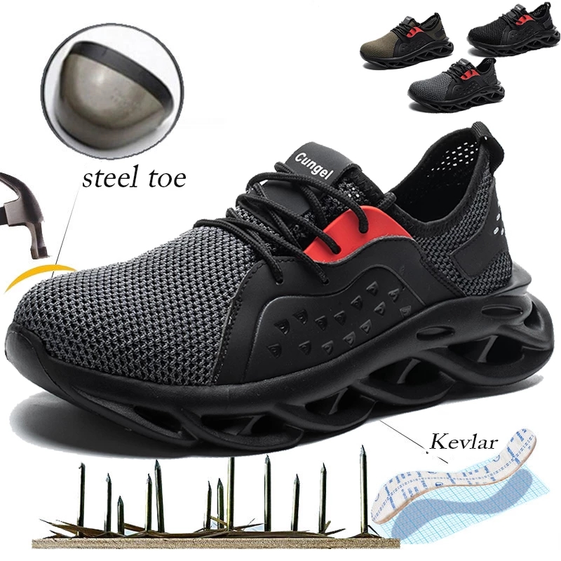 steel toe cap safety shoes men's sports shoes casual work boots men's breathable mesh safety construction anti-smashin