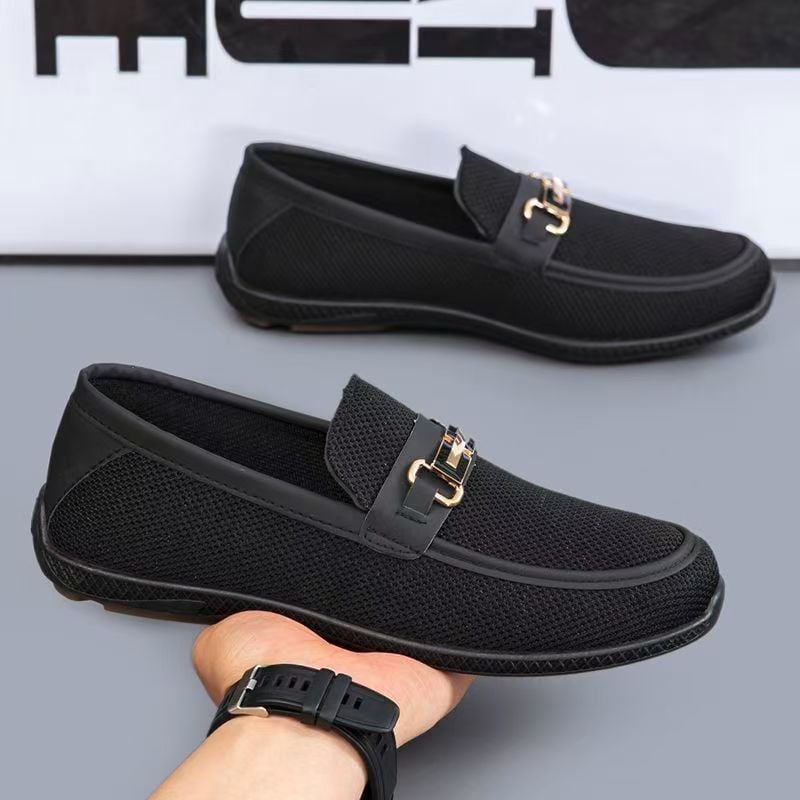 Flats Shoes Men Fashion Metal Buckle Loafers Soft Sole Comfortable Fabric Slip-On Casual Shoes Work Shoes