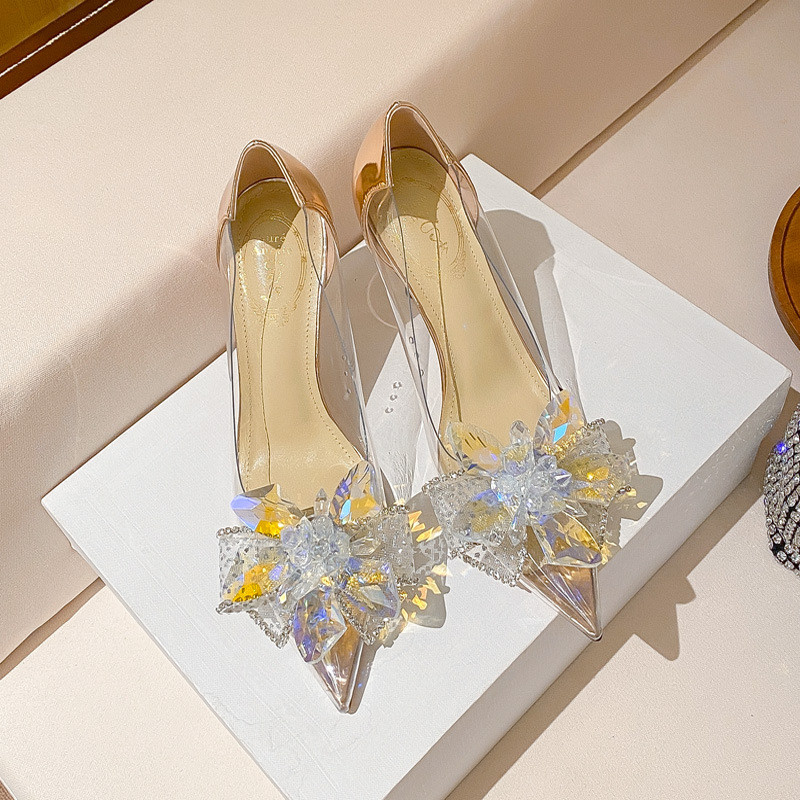 2023 Spring and Autumn New Korean Fashion Transparent Women's Thin Heel Pointed Rhinestone High Heels