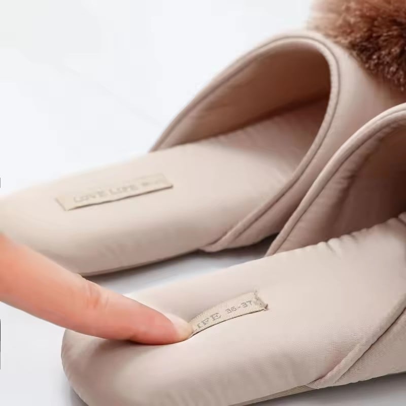 1 Pair Fashion Women Satin Slippers With Plush Ball Thin Cool Indoor Floor Flat Home Shoes Bedroom Slippers