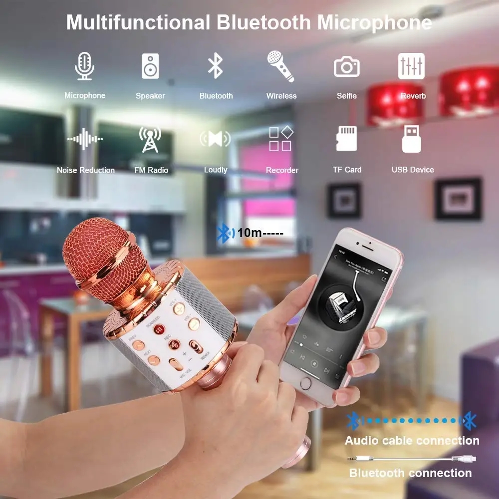 WS858L Professional Handheld Wireless Karaoke Microphone USB Speaker Microphone for Kids Music Player Singing Recorder KTV