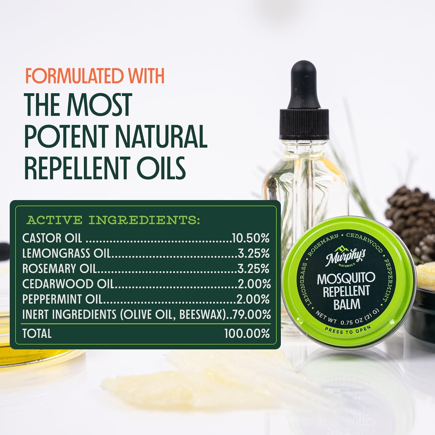 Murphy's Naturals Mosquito Repellent Balm for Outdoor Patio, Hiking, Camping, Plant-Based with Cedarwood, Lemongrass & Rosemary, 2 oz