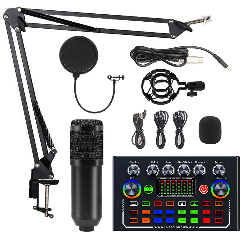 New BM800 Condenser Microphone V8S Sound Card Anchor Computer Recording Stand Full Set for Live Streaming in English