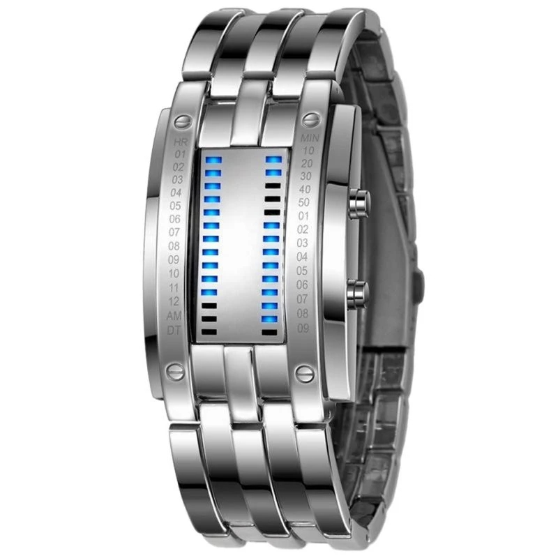 Men Women Future Technology Binary Black Stainless Steel Couple Watch Date Digital LED Bracelet Sport Watches