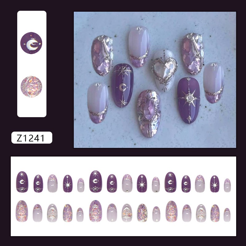 24Pcs Blue Gradient Fake Nails Mid-length Almond Reusable Press on False Nails 3D Flower Silver Butterfly Full Cover Nails Tips